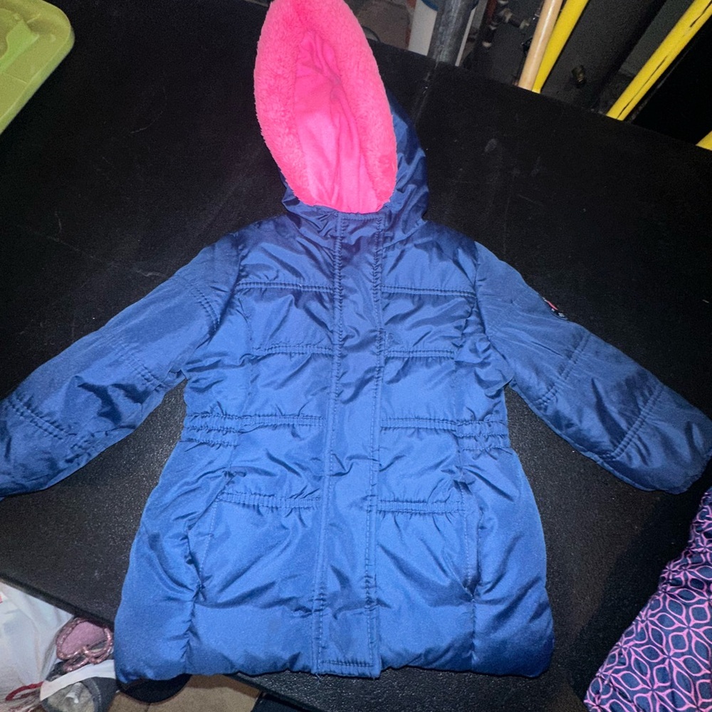 2t Blue Hooded Jacket with Pink Lining and snow bibs
